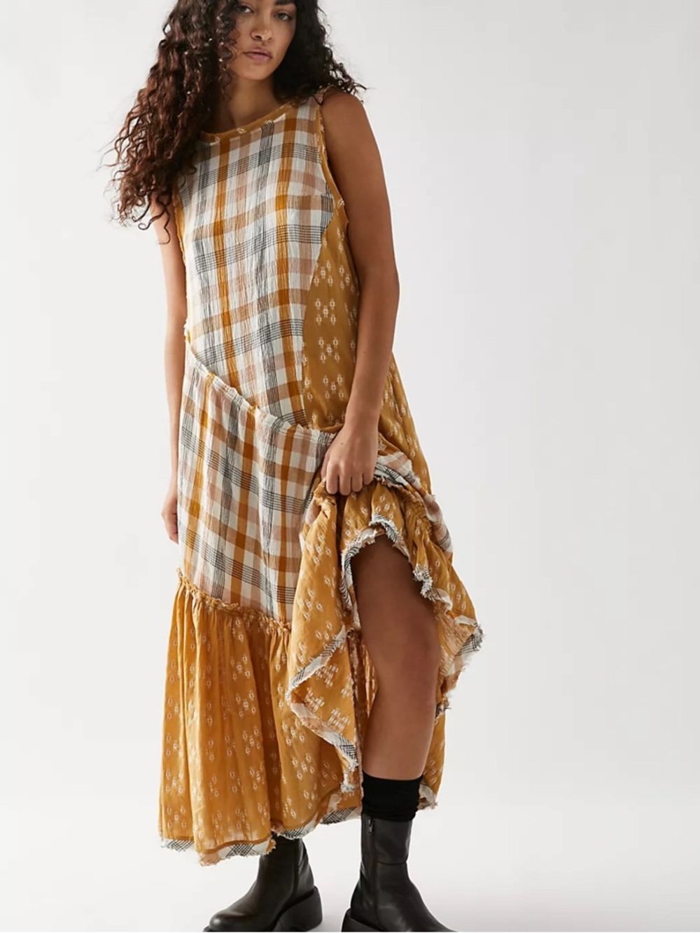 Free People Cotton Plaid No Stress Midi Dress size Large